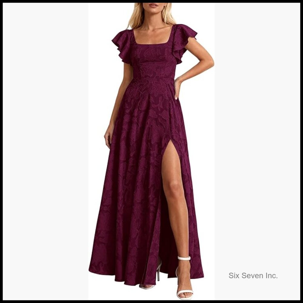 Polyester Jacquard Square Neck Maxi Dress with Pockets and Smocked Back